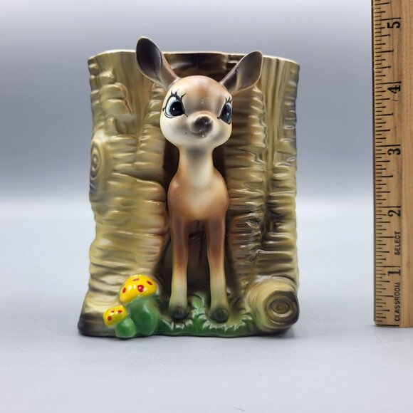 Vintage MCM Bambi Deer Vase Kitchy Planter Deer & Mushrooms Ceramic Table Decor - Picture 16 of 16
